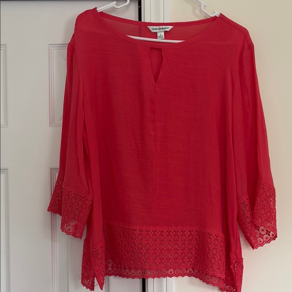 Counterparts Red Asymmetrical Blouse with 3/4 Sleeves